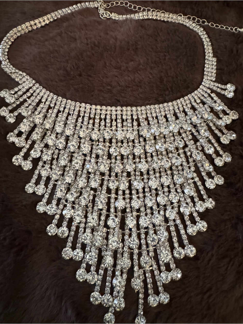 Crystal Fringe Statement Necklace - Silver Sparkle (Missing 1 strand)